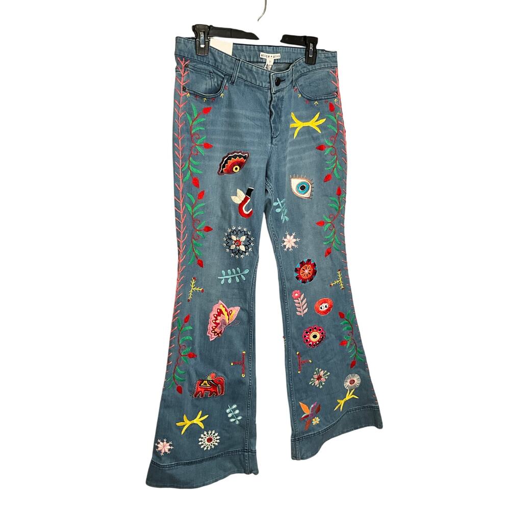 Alice+Olivia Ryley Flare Jeans Low Rise Embroidered Floral Demin Blue Sz 31 NWT